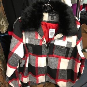 Torrid Flannel Jacket with detachable fur collar.
